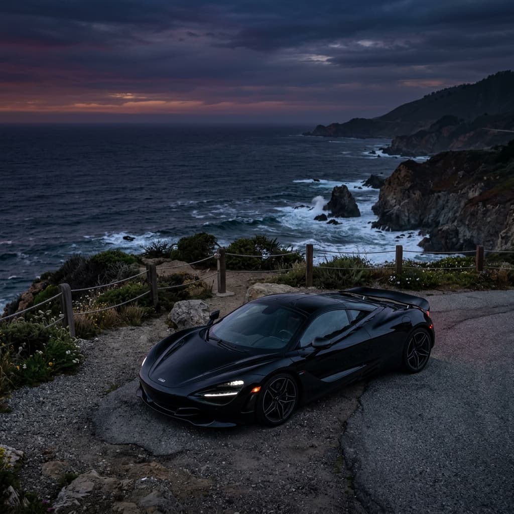 McLaren with PPF and ceramic coating along a coastal cliff road at sunset