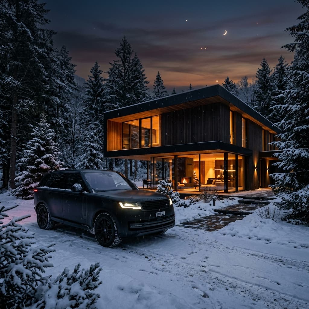 Range Rover with paint protection film parked by a snowy forest cabin